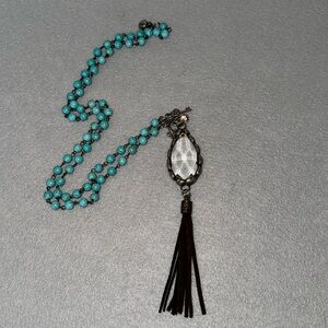 Western Turquoise Beaded, Crystal Tassel Necklace